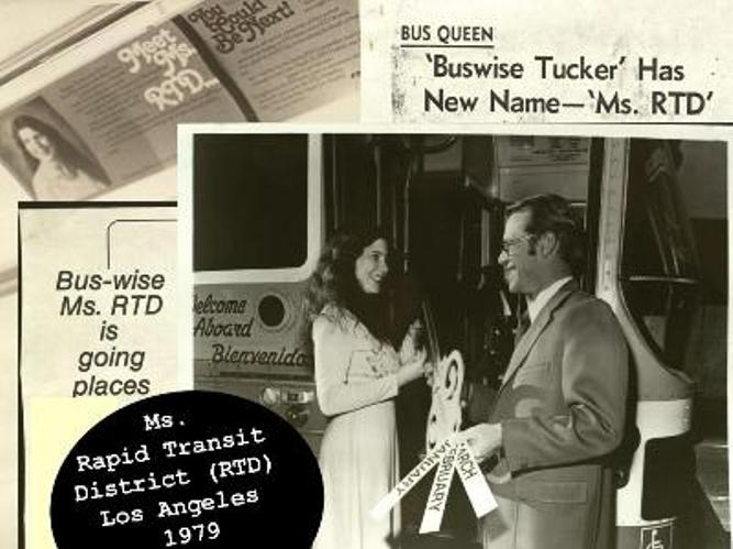 Collage of newspaper clippings and photograph. Central image of a young woman accepting a plywood key from a man in a suit. They are standing outside a bus.